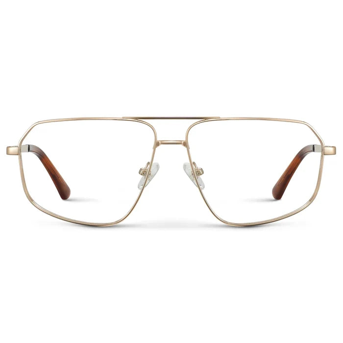 Gold || Women's Geometric Stainless Steel Aviator Prescription Glasses with Gold Frame and Clear Lens on a white background