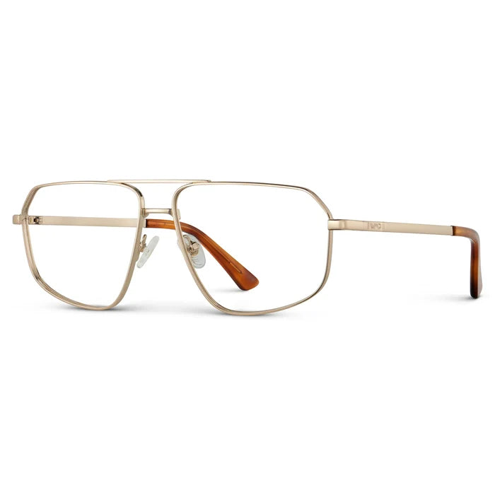 Gold || Side view of Women's Geometric Stainless Steel Aviator Prescription Glasses with Gold Frame and Clear Lens on a white background