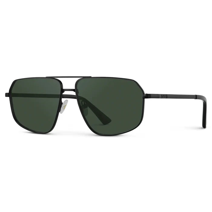 Black / G15 || Side view of Women's Geometric Stainless Steel Aviator Prescription Sunglasses with Black Frame and Green Lens on a white background
