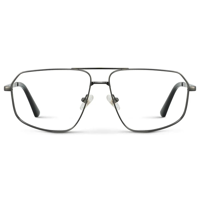 Gunmetal || Women's Geometric Stainless Steel Aviator Prescription Glasses with Gunmetal Frame and Clear Lens on a white background