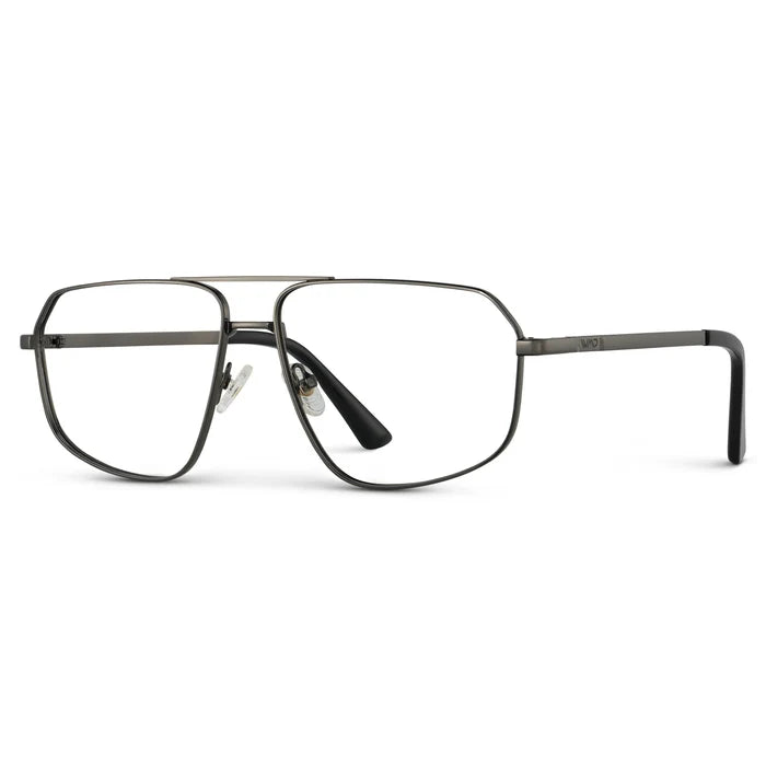 Gunmetal || Side view of Women's Geometric Stainless Steel Aviator Prescription Glasses with Gunmetal Frame and Clear Lens on a white background