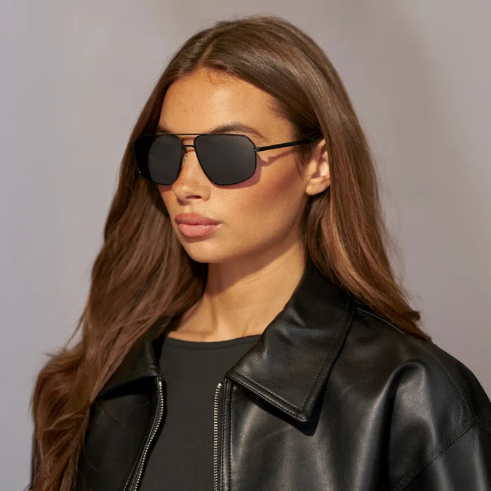 Black / Grey || Women's Geometric Stainless Steel Aviator Prescription Sunglasses with Black Frame and Grey Lens