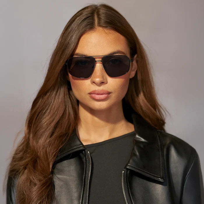 Black / Triple Black Lens || Model wearing Women's Metal Aviator Sunglasses with Black Frame and Black Lens