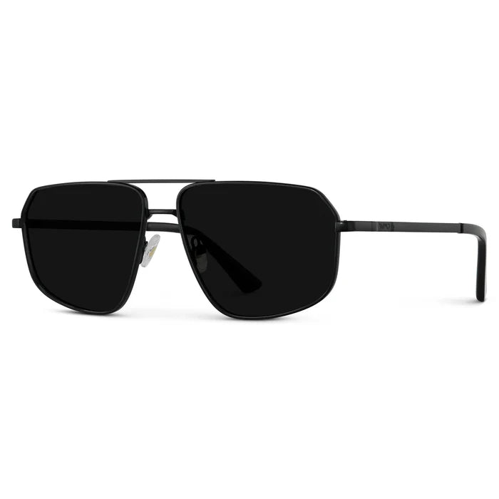 Black / Triple Black Lens || Side view of Women's Metal Aviator Sunglasses with Black Frame and Black Lens on a white background