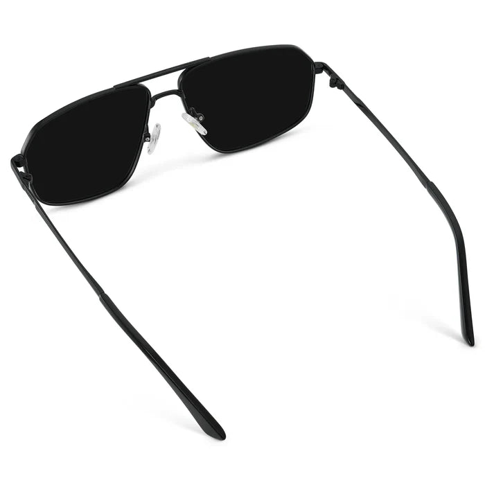 Black / Triple Black Lens || Back view of Women's Metal Aviator Sunglasses with Black Frame and Black Lens on a white background