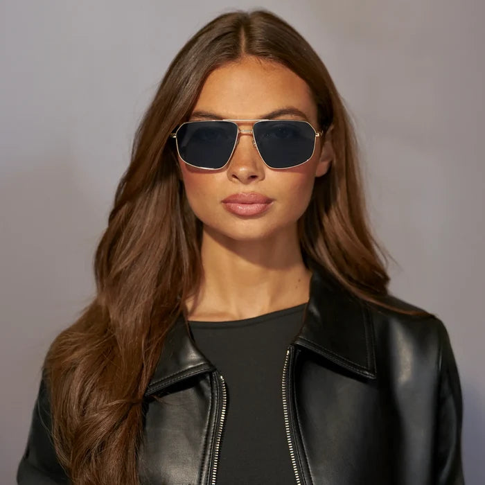 Gold / Deep Blue Gradient Lens || Model wearing Women's Metal Aviator Sunglasses with Gold Frame and Deep Blue Gradient Lens