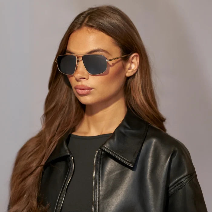 Gold / Deep Blue Gradient Lens || Model wearing Women's Metal Aviator Sunglasses with Gold Frame and Deep Blue Gradient Lens