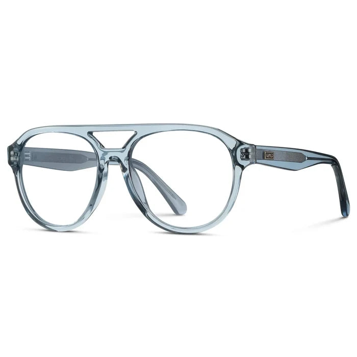 Denim Blue || Side view of Men's Aviator Prescription Glasses with Denim Blue Frame and Clear Lenses on a white background
