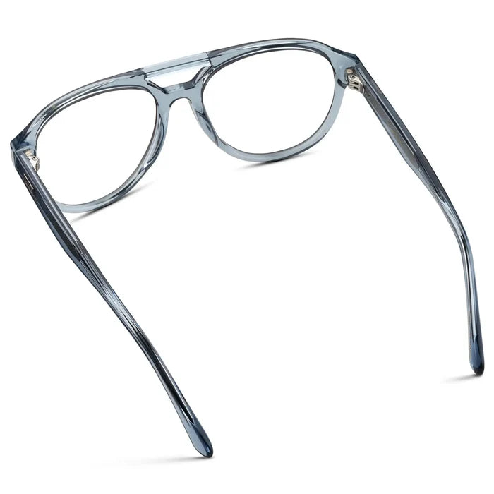 Denim Blue || Back view of Men's Aviator Prescription Glasses with Denim Blue Frame and Clear Lenses on a white background