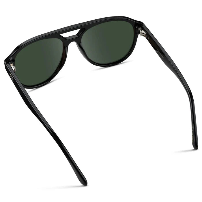 Black / G15 || Back view of Men's Aviator Style Prescription Sunglasses with Black Frame and Green Prescription Lenses