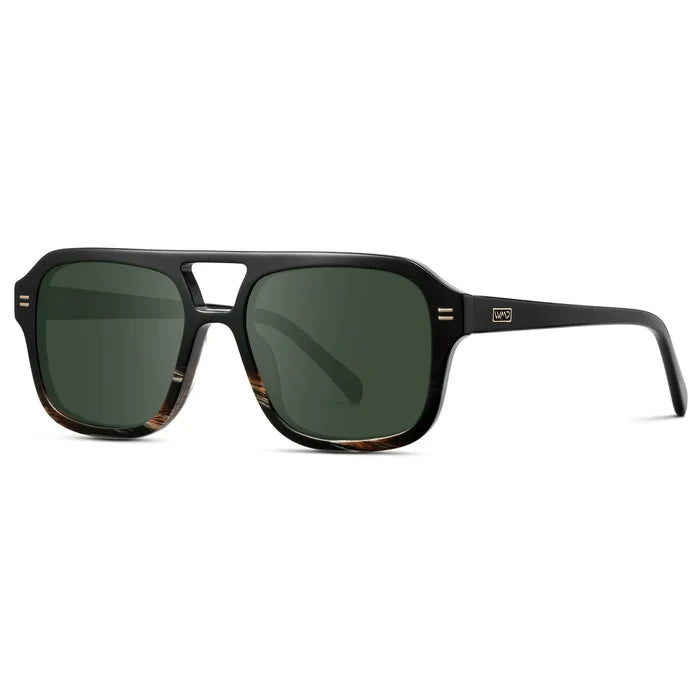 Black Mineral / G15 || Side view of Women's Oversized Square Prescription Sunglasses with Black Mineral Frame and Green Lenses on a white background