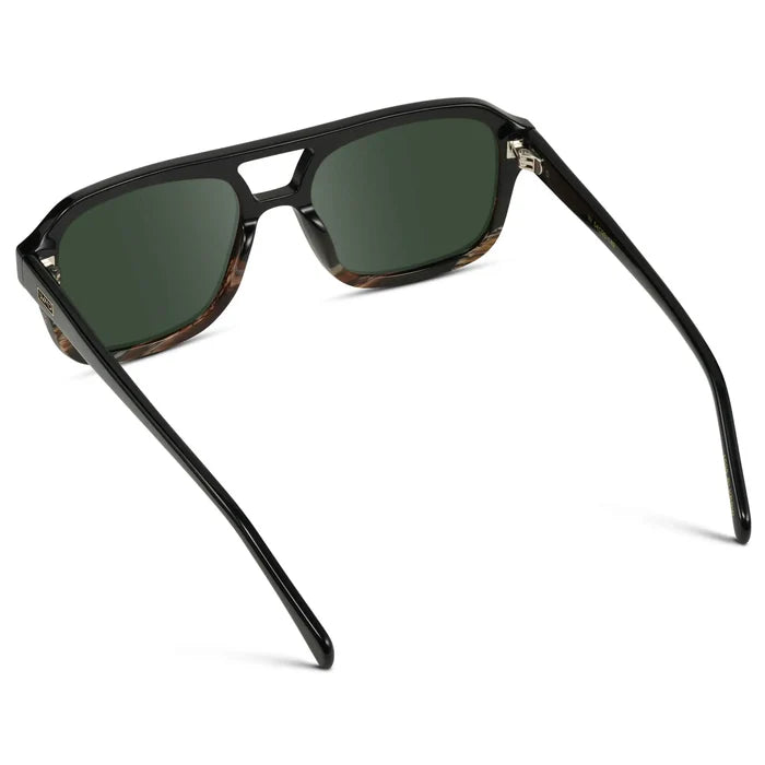 Black Mineral / G15 || Back view of Women's Oversized Square Prescription Sunglasses with Black Mineral Frame and Green Lenses on a white background