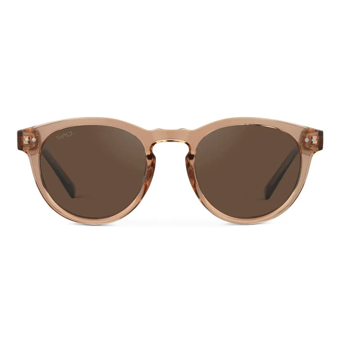 Light Crystal Brown / Brown Lens || Women's Brown Round Frame Sunglasses with Brown Polarized Lenses on a white background