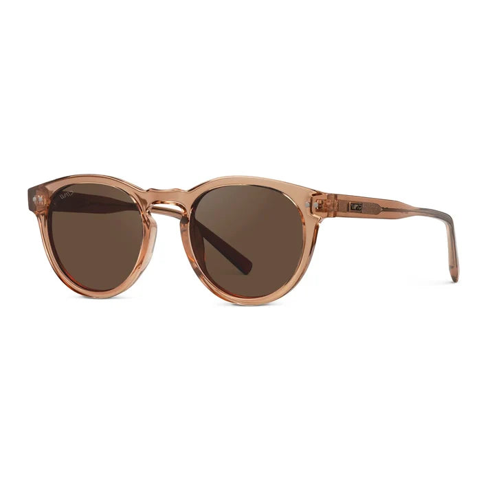 Light Crystal Brown / Brown Lens || Side view of Women's Brown Round Frame Sunglasses with Brown Polarized Lenses on a white background