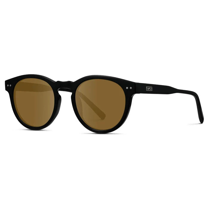 Black / Amber || Side view of Black Round Frame Prescription Sunglasses with Brown Lenses on a white background
