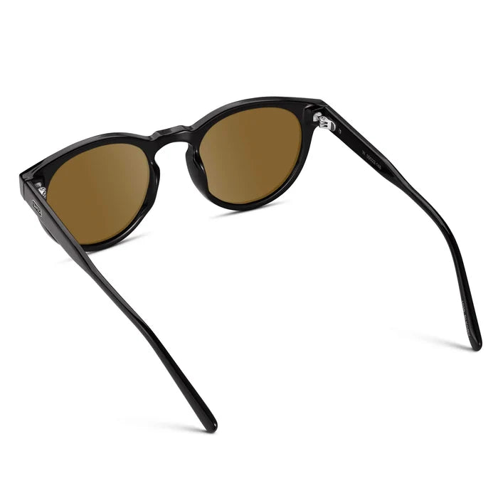 Black / Amber || Back view of Black Round Frame Prescription Sunglasses with Brown Lenses on a white background