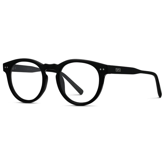 Black || Side view of  Women's Round Prescription Glasses with Black Frame and Clear Lenses on a white background