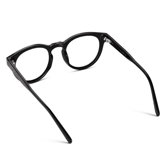 Black || Back view of Women's Round Prescription Glasses with Black Frame and Clear Lenses on a white background