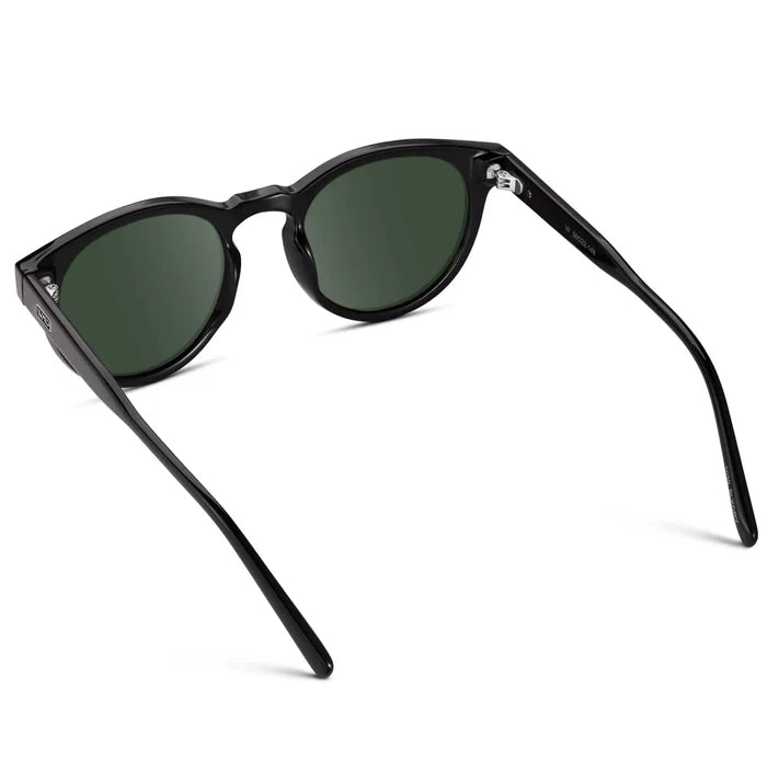 Black / G15 || Back view of Black Round Frame Prescription Sunglasses with Green Lenses on a white background