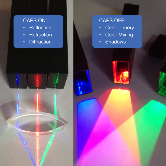Light Blox red, green, and blue LEDs with caps off for classroom color mixing lessons