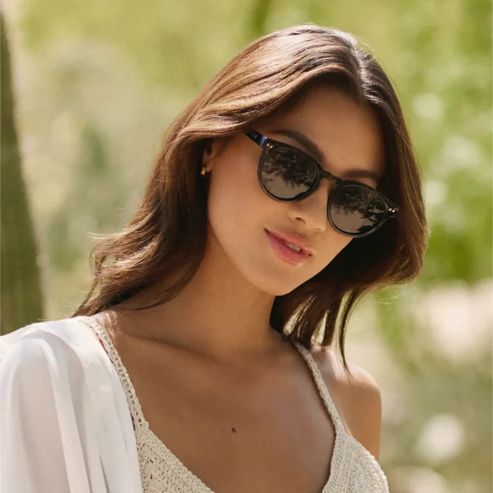 Brown Case || Woman wearing classic black framed sunglasses with dark lenses outdoors in natural light