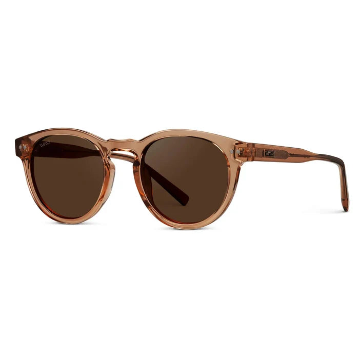 Brown Case || Round frame sunglasses with translucent light brown frames and dark brown lenses on white background