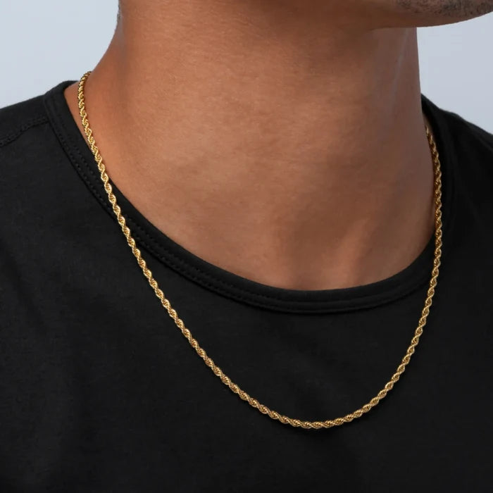 Gold / 22" || Man wearing Twisted Gold Chain Necklace with a black shirt