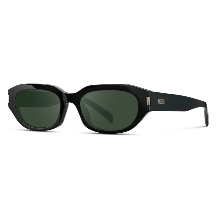 Black / G15 || Side view of Women's Oval Prescription Sunglasses with Black Frame and Green Lenses on a white background