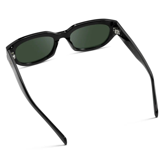 Black / G15 || Back view of Women's Oval Prescription Sunglasses with Black Frame and Green Lenses on a white background