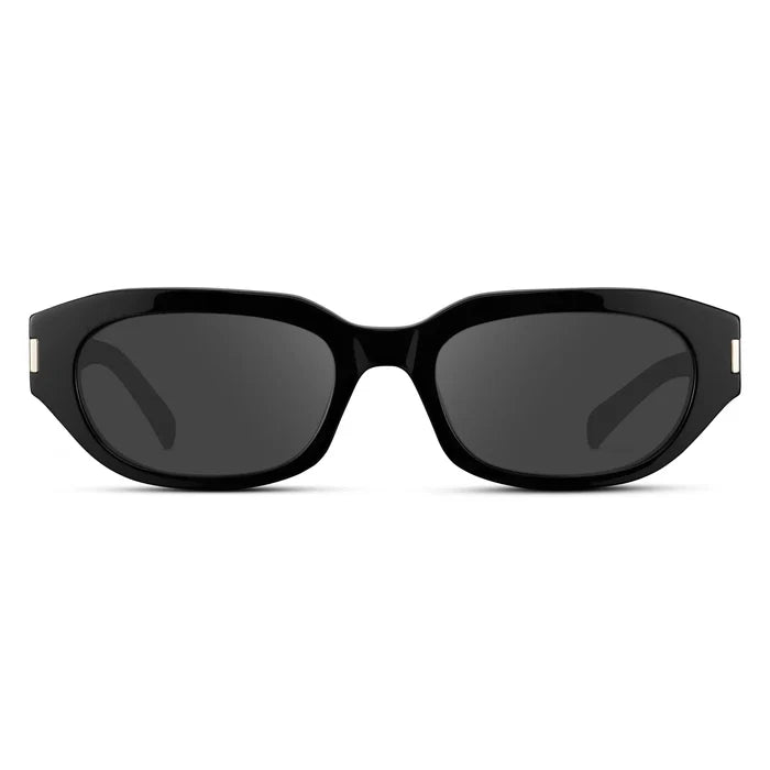 Black / Grey || Women's Oval Prescription Sunglasses with Black Frame and Grey Lenses on a white background