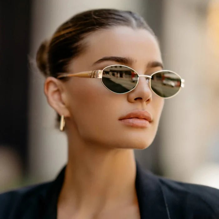 Gold / Black Lens || Women's Trendy Oval Shape Gold Metal Stainless Steel Frame Sunglasses with Black Lenses