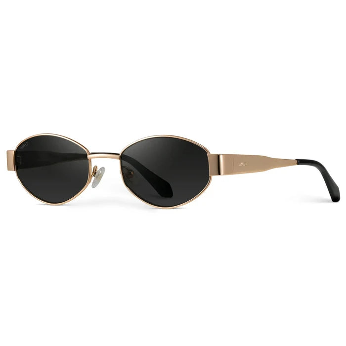 Gold / Black Lens || Women's Trendy Oval Shape Gold Metal Stainless Steel Frame Sunglasses with Black Lenses
