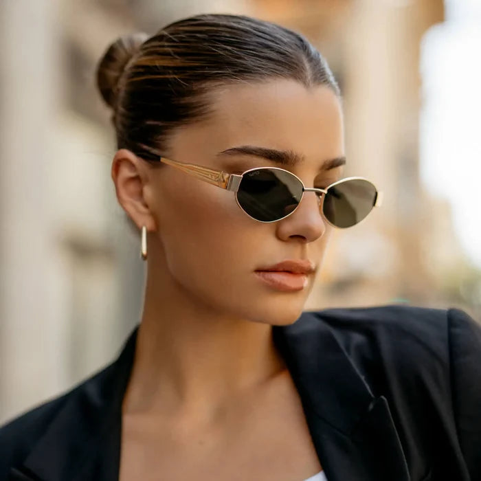 Gold / Smoke Green Lens || Women's Trendy Oval Shape Gold Metal Stainless Steel Sunglasses with Smoke Green Lenses