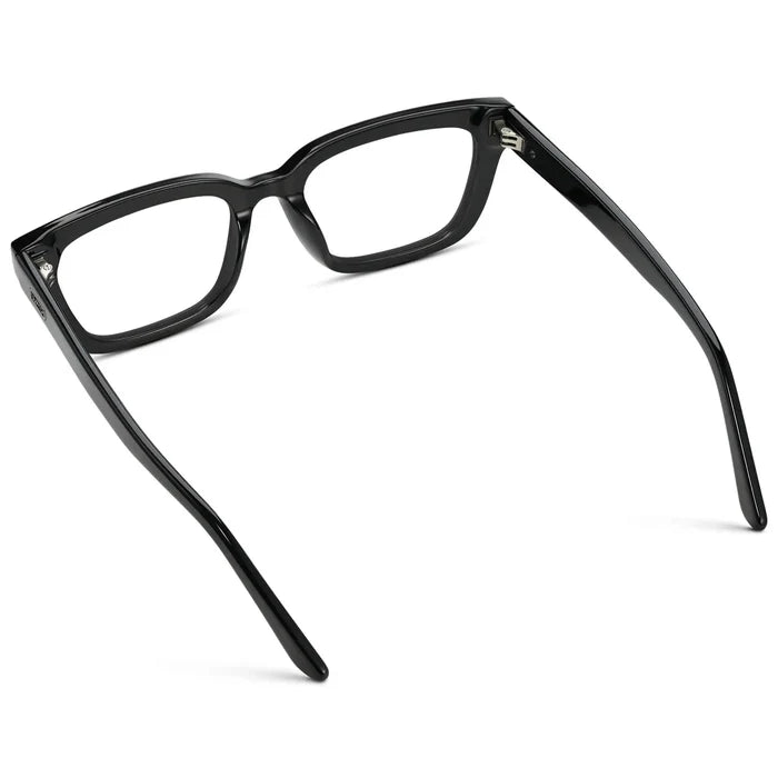 Black || Back view of Women's Rectangular Prescription Eyeglasses with Black Acetate Frame and Clear Prescription Lenses on a white background