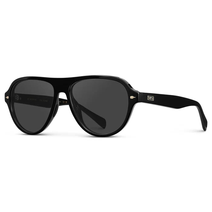 Black / Grey || Side view of Women's Rounded Aviator Prescription Sunglasses with Black Frame and Grey Lenses on a white background