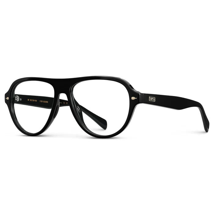 Black || Side view of Women's Rounded Aviator Prescription Eyeglasses with Black Frame and Clear Lenses on a white background