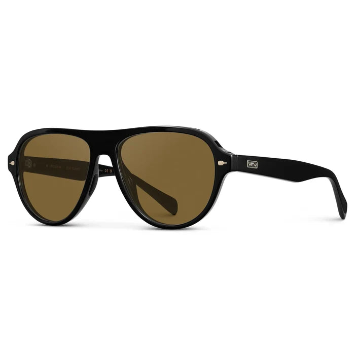 Black / Amber || Side view of Women's Rounded Aviator Prescription Sunglasses with Black Frame and Brown Lenses on a white background