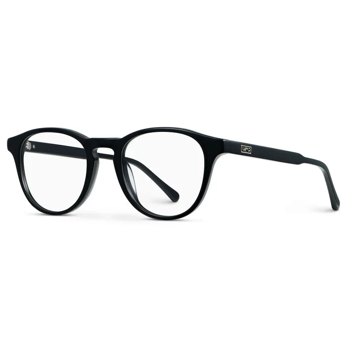 Black || Side view of Unisex Round Eyeglasses with Black Acetate Frame and Clear Prescription Lens on a white background