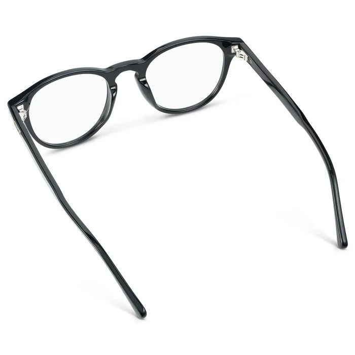 Black || Back view of Unisex Round Eyeglasses with Black Acetate Frame and Clear Prescription Lens on a white background