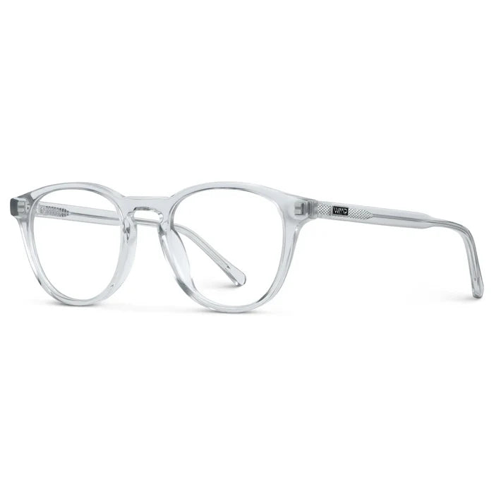 Crystal Ice Grey || Side view of Unisex Round Eyeglasses with Clear Acetate Frame and Clear Prescription Lens on a white background