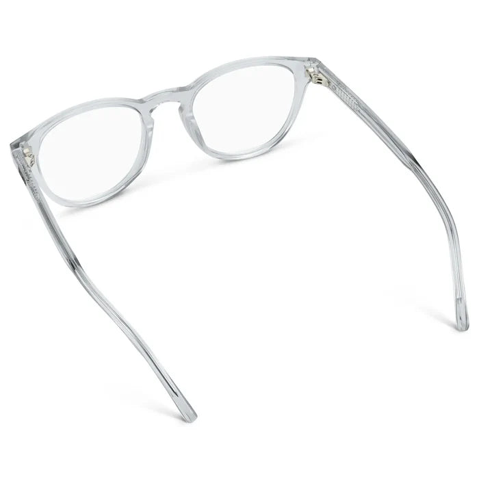 Crystal Ice Grey || Back view of Unisex Round Eyeglasses with Clear Acetate Frame and Clear Prescription Lens on a white background