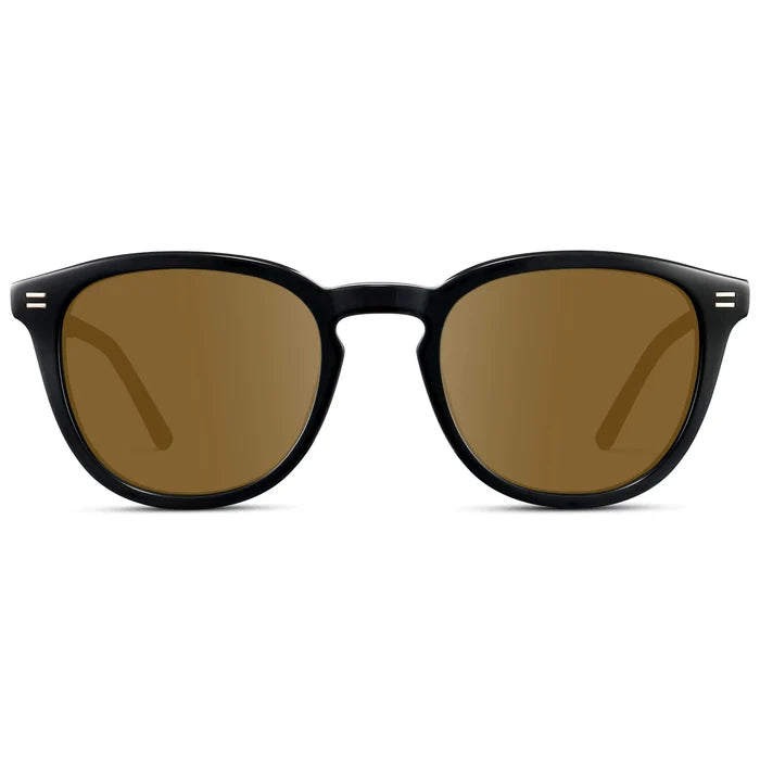 Black / Amber || Front view of Men's Round Prescription Sunglasses with Black Acetate Frame and Brown Prescription Lens