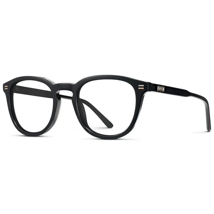Black || Side view of Men's Round Prescription Eyeglasses with Black Acetate Frame and Clear Prescription Lenses