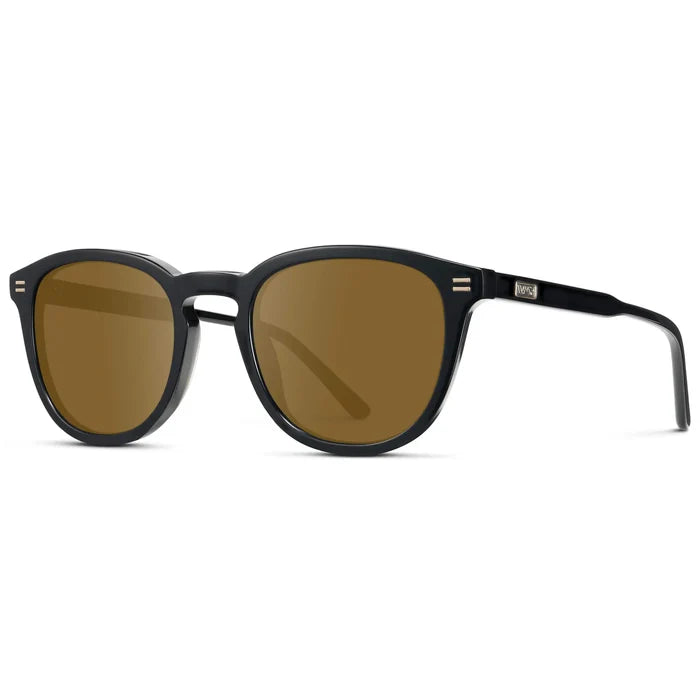 Black / Amber || Side view of Men's Round Prescription Sunglasses with Black Acetate Frame and Brown Prescription Lens