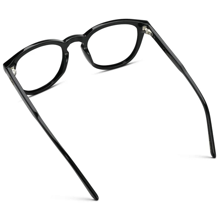 Black || Back view of Men's Round Prescription Eyeglasses with Black Acetate Frame and Clear Prescription Lenses