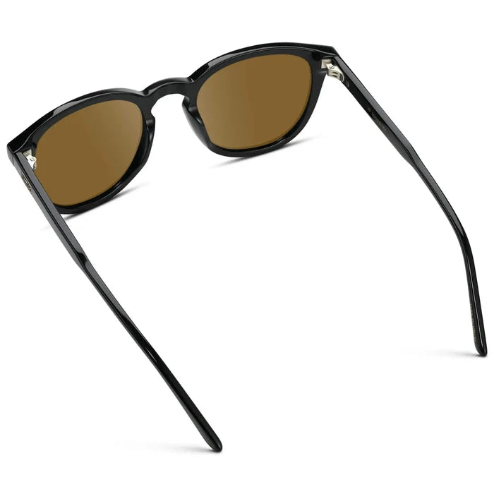 Black / Amber || Back view of Men's Round Prescription Sunglasses with Black Acetate Frame and Brown Prescription Lens