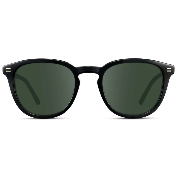 Black / G15 || Front view of Men's Round Prescription Sunglasses with Black Acetate Frame and Green Prescription Lens
