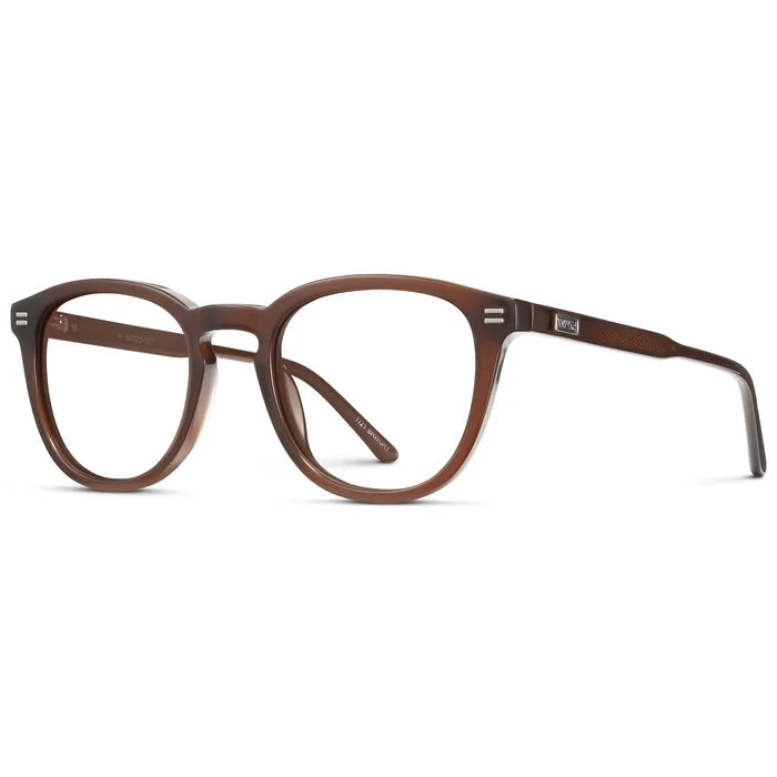 Burnt Cedar Brown || Side view of Men's Round Prescription Eyeglasses with Brown Acetate Frame and Clear Prescription Lenses