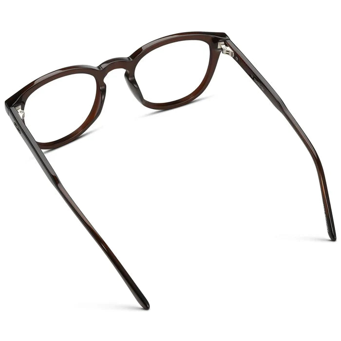 Burnt Cedar Brown || Back view of Men's Round Prescription Eyeglasses with Brown Acetate Frame and Clear Prescription Lenses