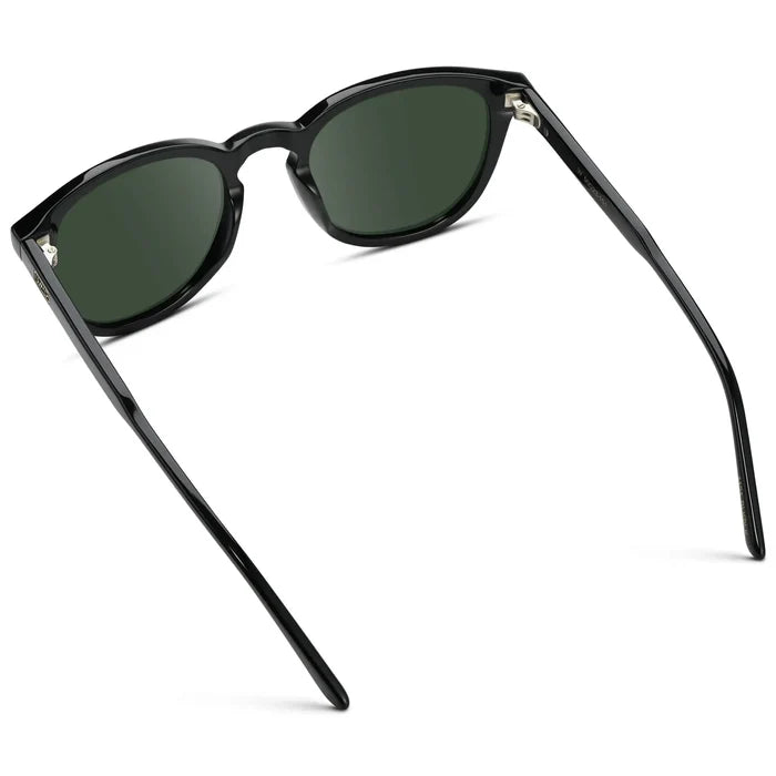 Black / G15 || Back view of Men's Round Prescription Sunglasses with Black Acetate Frame and Green Prescription Lens